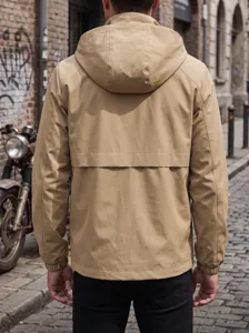 Men's casual hooded jacket back detail, khaki windproof waterproof outerwear fabric design.