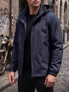 Men's hooded casual jacket in navy blue, waterproof fabric, stylish outdoor wear, size L