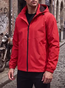 Men's red hooded jacket casual sports outerwear waterproof fabric European size detail