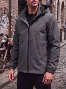 Men's dark grey hooded waterproof jacket, casual sportswear detail and modern design view.