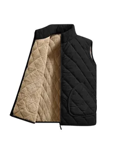 Men's black quilted winter warm vest detail showing plush sherpa inner fleece lining.