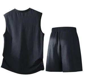 Men black sleeveless tank top and shorts summer beach vacation casual two-piece set.