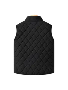 Detail view of black quilted men winter vest back showing diamond pattern and high collar.