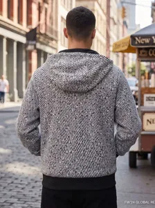 Veste à capuche décontractée pour homme à motif noir et blanc, streetwear, vue arrière.