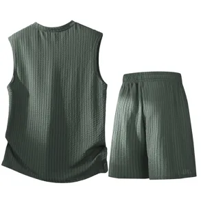 Men's dark green textured sleeveless vest and shorts summer casual two-piece beach set.