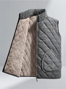 Men's thermal fleece-lined quilted vest, cozy winter sleeveless corduroy outerwear jacket.