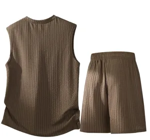 Men summer casual sleeveless tank top and shorts set in brown textured fabric for beach.