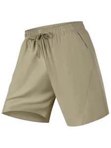 Men's casual quick-dry athletic shorts in khaki featuring an elastic drawstring waistband.