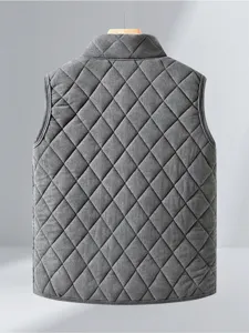 Detailed view of grey quilted men vest, sleeveless thermal padded waistcoat with diamond pattern.