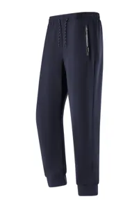 Men's navy quick-dry sport pants detail showing elastic cuffed ankle and zipper pocket.