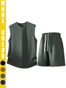 Men Summer Sleeveless Vest And Shorts Set Polyester Waffle Texture Casual Beach Holiday Top And Bottom