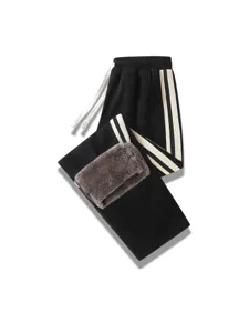 Men's winter fleece lined warm casual sweatpants with side stripes and drawstring waist.