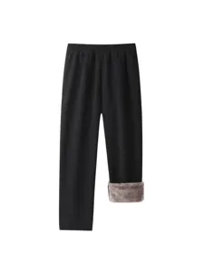 Mens winter thick fleece lined casual straight trousers warm black regular fit long pants
