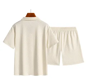 Men summer solid color textured polo shirt and matching shorts casual two-piece suit set.