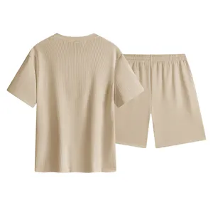 Casual wafelbreisel korte mouw t-shirt en korte broek set voor heren zomer strand khaki.
