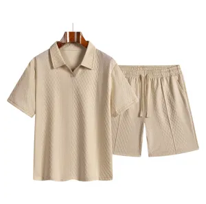 Men summer short sleeve polo shirt and textured shorts set casual beach two piece outfit