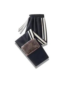 Men winter thick fleece lined casual pants straight leg warm trousers with contrast side stripes