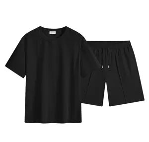Zwarte wafelstof t-shirt met ronde hals en short set casual sportkleding tweedelig