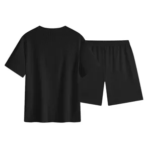 Modieuze zwarte wafelbreisel korte mouw t-shirt en korte broek tweedelig set heren