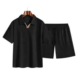 Textured black knit polo shirt and matching shorts detail view, perfect for summer casual wear.