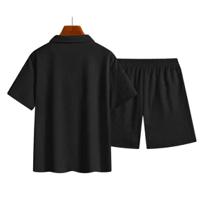 Men summer black polo shirt and shorts two-piece set, casual vacation short sleeve outfit.