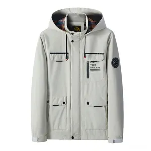 Giacca da Uomo Media Lunghezza Con Cappuccio Antivento Impermeabile Multi-Tasche Cappotto in Poliestere Fodera a Quadri