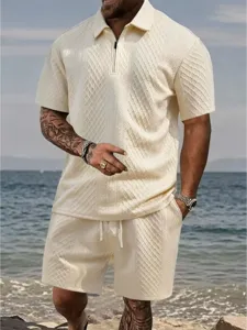 Completo Sopra e Sotto Casual da Uomo Vacanza Bavero Mezza Zip Camicia Manica Corta Pantaloncini Tessuto Testurizzato Traspirante