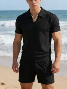 Men's summer knit polo shirt and shorts set casual beach holiday short sleeve two piece outfit