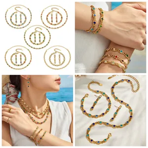Schmuckset aus Edelstahl 18K vergoldet mit bunten Zirkonsteinen im Detail und am Modell.