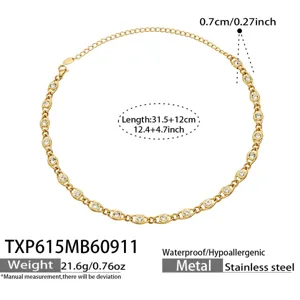 Goldene Edelstahl Strass ovale Kette Halskette Detailansicht mit Groessen und Gewichtsangaben.