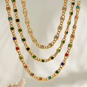 Edelstahl 18K vergoldet mehrfarbige Zirkon ovale Gliederkette Schmuckset Halskette elegant.