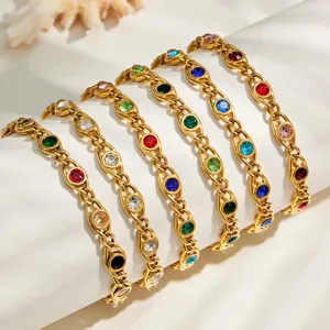 Edelstahl 18k vergoldete bunte Zirkon Gliederarmband Mode Schmuck Set fuer Damen Neu
