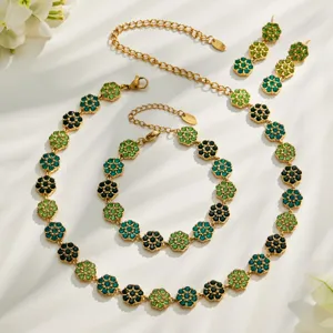 Vergoldeter Edelstahl grüner Strass Blume Halskette Armband Ohrringe Schmuck Set Damen.
