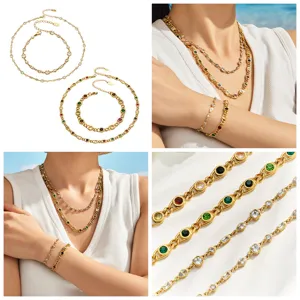 Stainless steel 18k gold plated cubic zirconia station necklace bracelet set