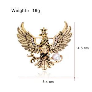 Antike Goldene Adler Brosche Krone Perle Metall Anstecknadel Anzugschmuck 4.5x5.4cm