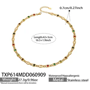Stainless steel 18k gold plated multi-color zircon station necklace detail view and specs.