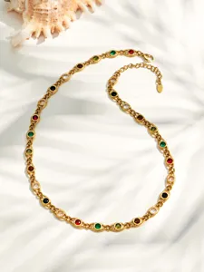 Gold plated stainless steel multi-color zircon station chain necklace elegant design