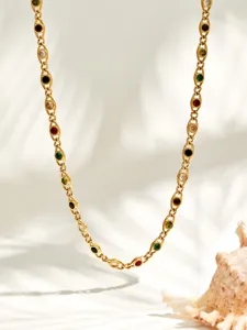 Elegant stainless steel 18k gold plated colorful zirconia station chain necklace detail.