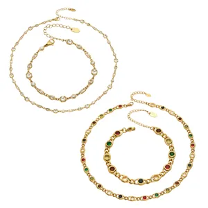 Stainless steel 18k gold plated square oval zircon dainty chain two piece jewelry set for women