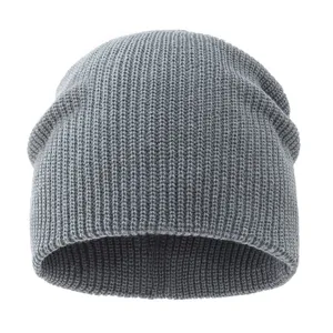 Grey knitted beanie hat fabric detail, soft winter warm wool cap close up display.