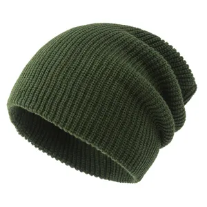 Dark green slouchy knit beanie winter warm hat for men and women stylish casual headwear
