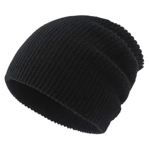 Detailed close-up view of a black knitted slouchy beanie, soft texture and warm winter design.
