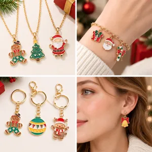 DIY ensemble de bijoux goutte d'huile de Noel avec collier bracelet porte-cles et boucles.