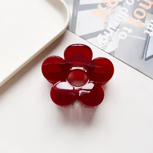 Red flower hair claw clip detail, glossy PC material, sweet styling for half-up hairstyles.