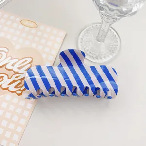 Blue and white striped PVC hair claw, summer fresh minimalist shark clip, versatile fashion headwear.