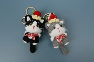 Porte-clés chat au crochet fait main mignon gâteau fraise chaton pendentif de sac cadeau