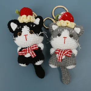 Porte-clés peluche chat crochet chapeau fraise joli pendentif sac à main accessoire doux