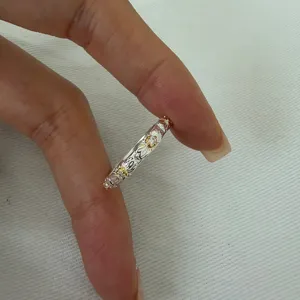 Bague marguerite en argent sterling S925, anneau bicolore or et argent pour femme
