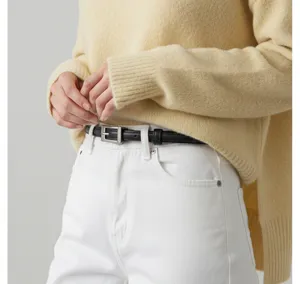 Women thin black leather belt with silver buckle, elegant waist accessory for daily wear