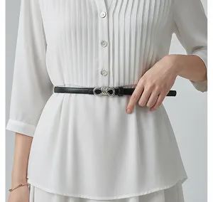 Women's thin black leather dress belt with silver bow metal buckle, elegant fashion accessory.